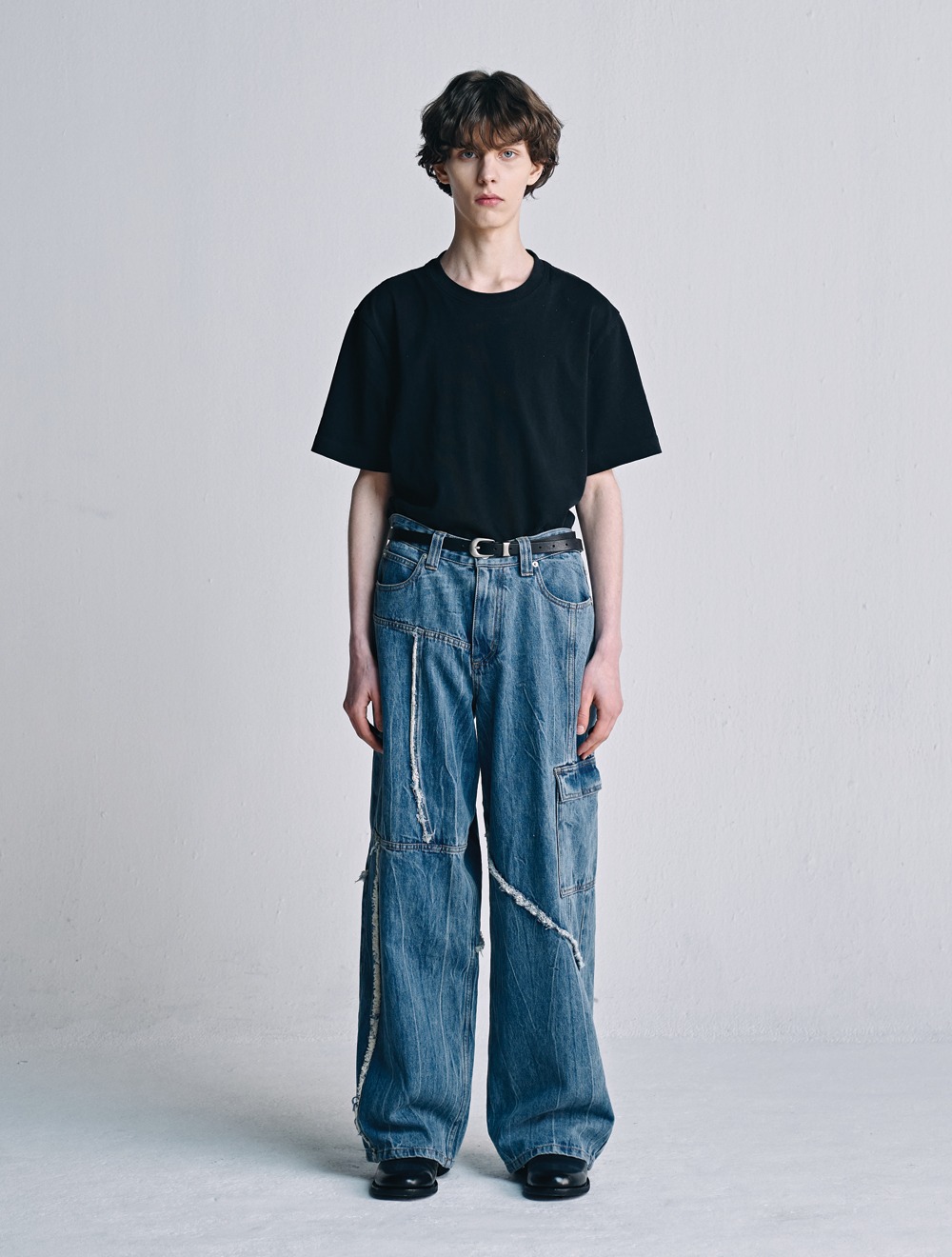 unbalance wide denim pants (mid blue)