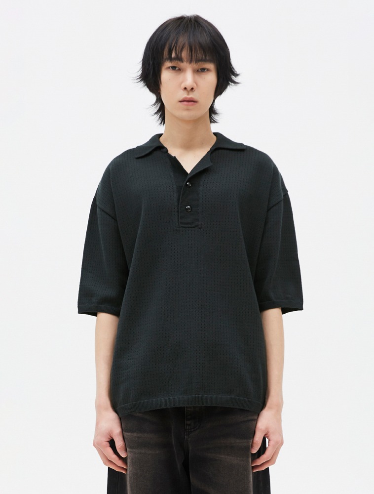 PERFORATED KNIT POLO SHIRT (CHARCOAL)