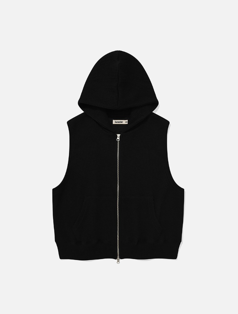 Knit hooded zip vest / Black