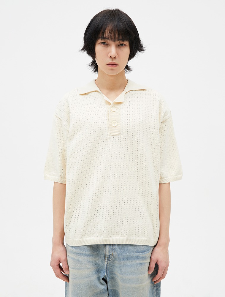 PERFORATED KNIT POLO SHIRT (IVORY)